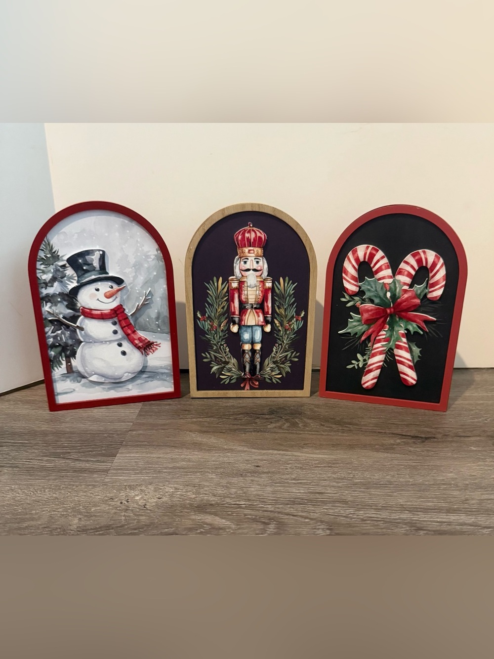 Cute Holiday Arch Wood Decor- Set of 3- Snowman, Nutcracker, and Candy Canes-NWT